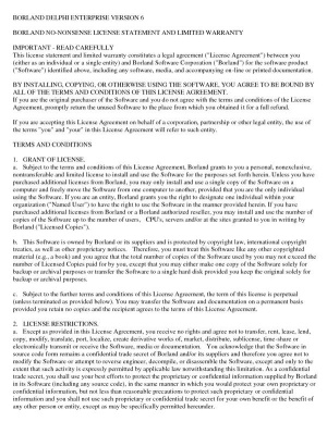 Borland je bil v računalniški industriji znan po praktičnem in ustvarjalnem odnosu do intelektualnih pravic. Pogoje uporabe svojih izdelkov je poimenoval kar »Borland no-nonsense license agreement«, kupcem svojih izdelkov pa je omogočil, da so izdelke uporabljali podobno kot knjižna dela. Lahko so jih kopirali oziroma razmnoževali, poskrbeti so morali le, da je bila v praksi v rabi le ena dejavna različica.